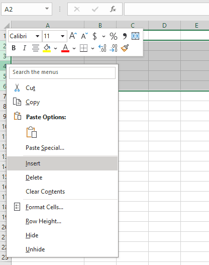 A screenshot of an Excel spreadsheet with the right-click menu open.