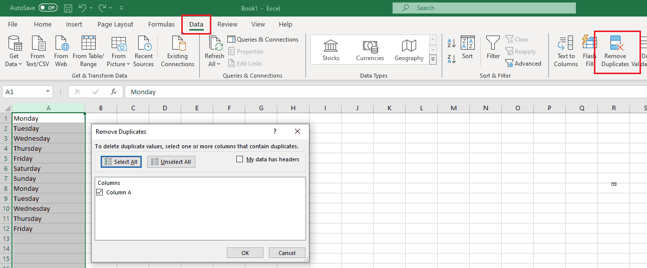 A screenshot of Excel with the Remove Duplicates menu open.