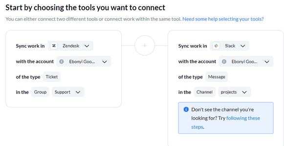 A screenshot of Unito connecting Zendesk and Slack.