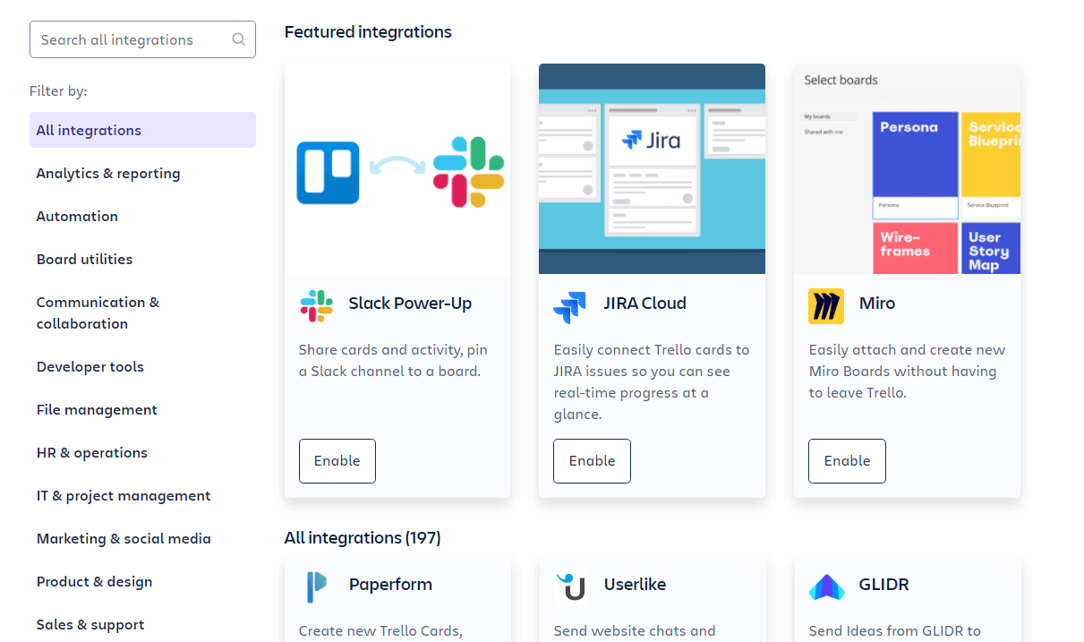 A screenshot displaying some of Trello's most popular integrations, including Slack, Jira, and Miro.