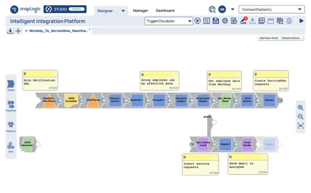 A screenshot of SnapLogic, a workflow automation tool.