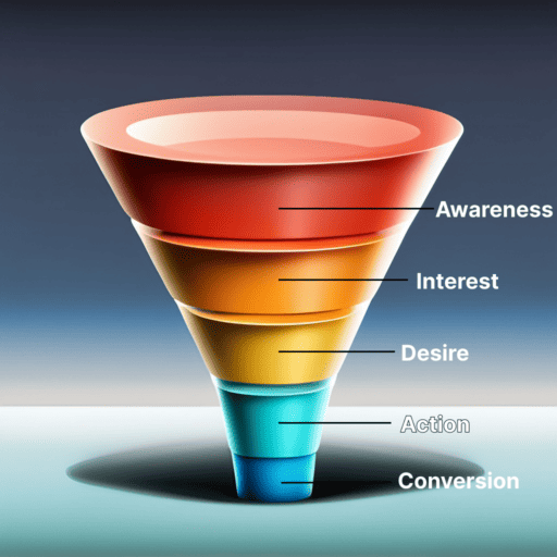 Screenshot of a marketing funnel highlighting the stages of the user journey: awareness, interest, desire, action, conversion