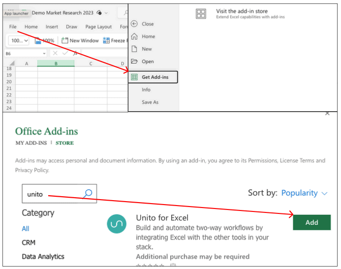 A screenshot showing how to install an Excel add-in.