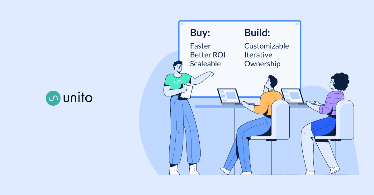 An illustration of two people sitting in a classroom setting, representing the Buy vs Build guide.