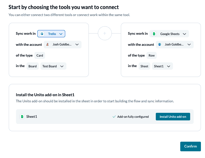 Connecting Trello accounts and Google Sheets to Unito