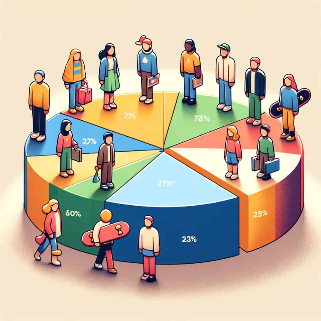 an illustration of a team standing around a pie chart.
