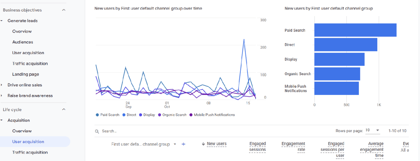 screenshot of Line and bar graphs displaying new user acquisition channels over time on a digital marketing analytics dashboard.