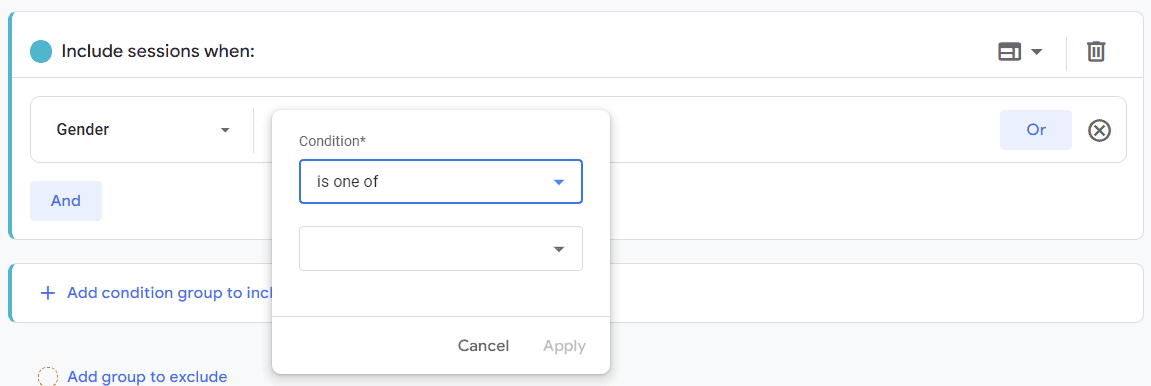 Screenshot of GA4 segment inclusion condition interface for gender selection