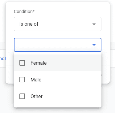 Screenshot of the dropdown menu in GA4 for segment condition 'Gender' with multiple options.