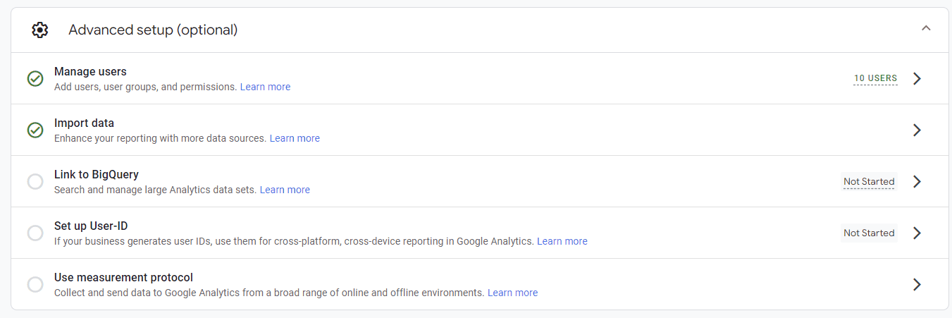 screenshot of Google Analytics advanced setup options with links to user management, data import, and other settings.
