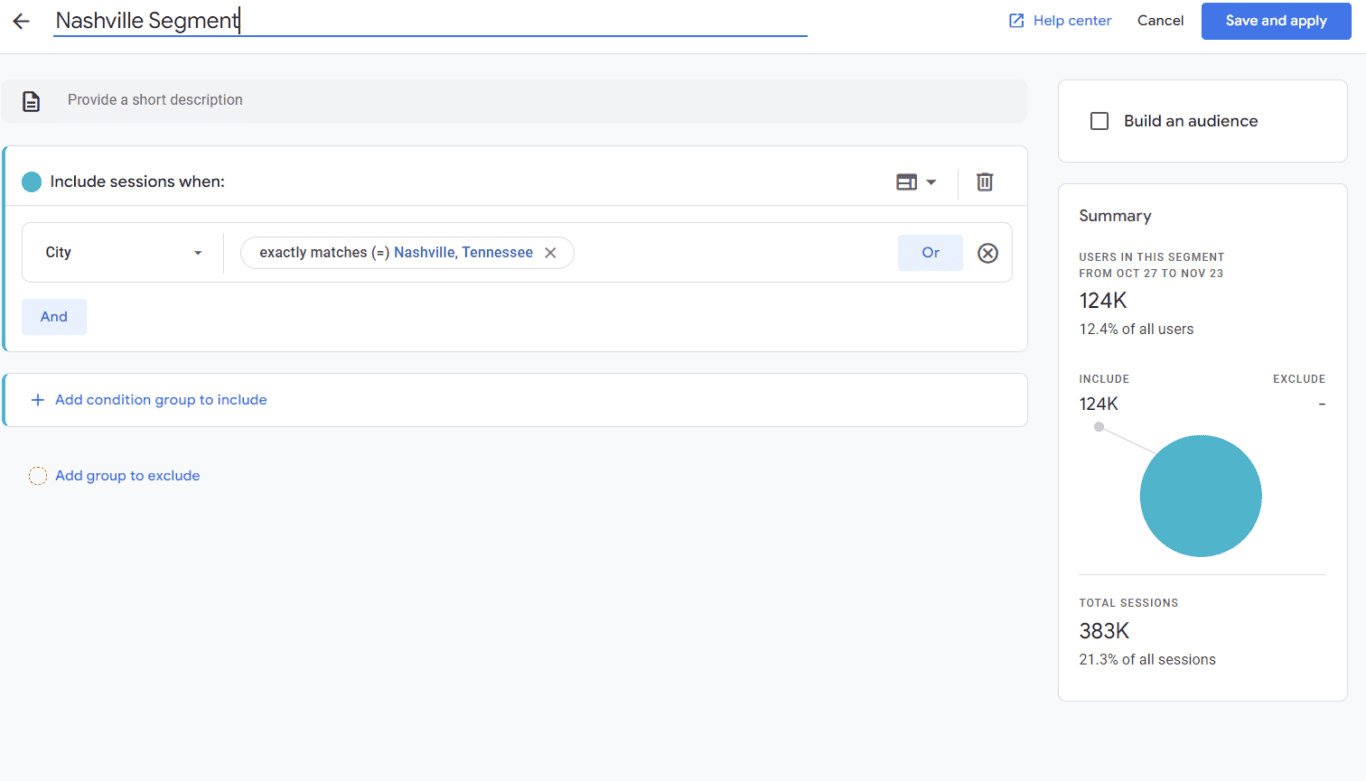 Screenshot of GA4 segment editor named 'Nashville Segment' with user and session summary as an example of sessions from a specific city