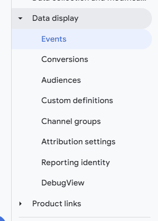 screenshot of Google Analytics menu highlighting the 'Events' section under the 'Data display' category.