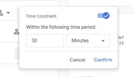 Screenshot of time constraint dialog box in GA4 for segment sequence customization.