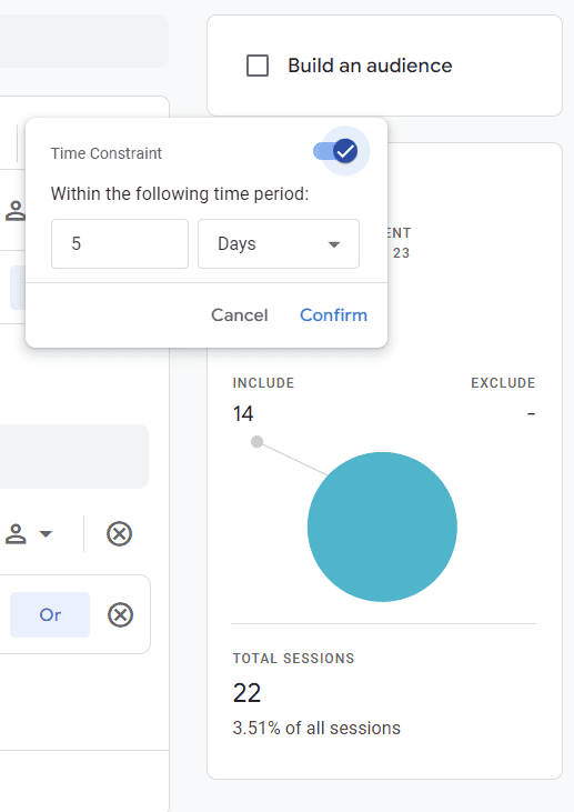 Screenshot of time constraint option in GA4 segment sequence builder