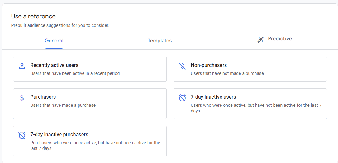 Screenshot of GA4 segment reference guide with prebuilt audience suggestions