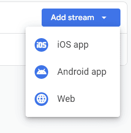 screenshot of Dropdown menu for adding a new data stream in Google Analytics, with options for iOS app, Android app, and web.