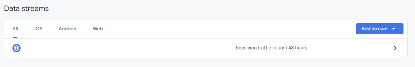 screenshot of Google Analytics interface showing data streams tab with options for All, iOS, Android, and Web traffic streams.