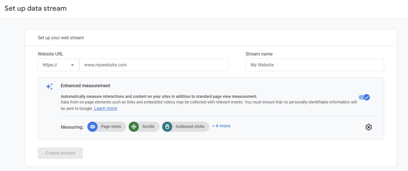Google Analytics setup page for creating a web data stream with options for website URL and stream name.