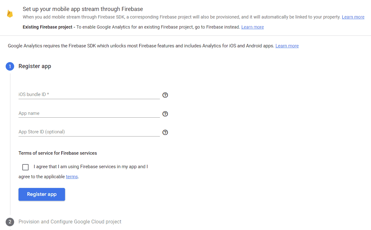 screenshot of Configuration page for registering a mobile app through Firebase in Google Analytics.