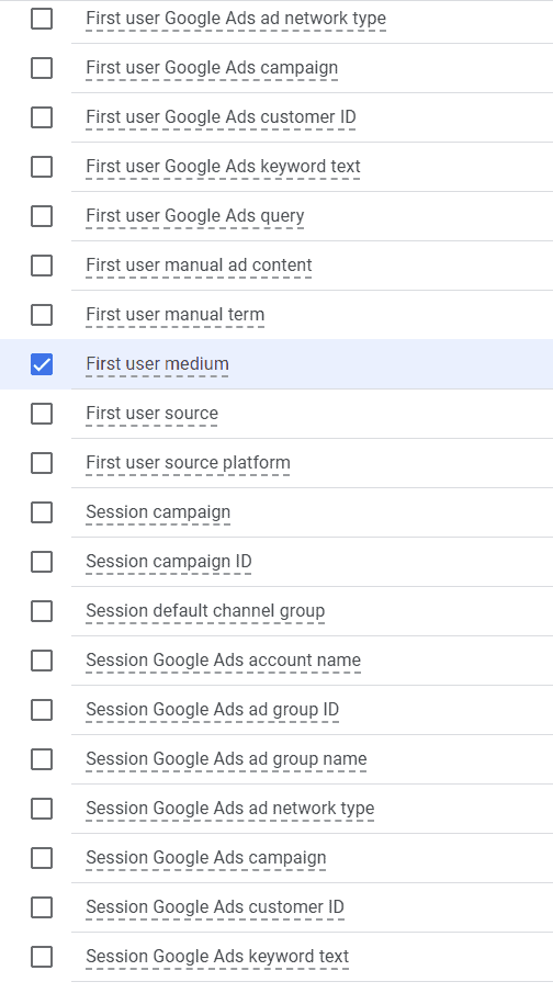 Screenshot of a checklist of user attributes in GA4 for segment creation, with 'First user medium' selected.