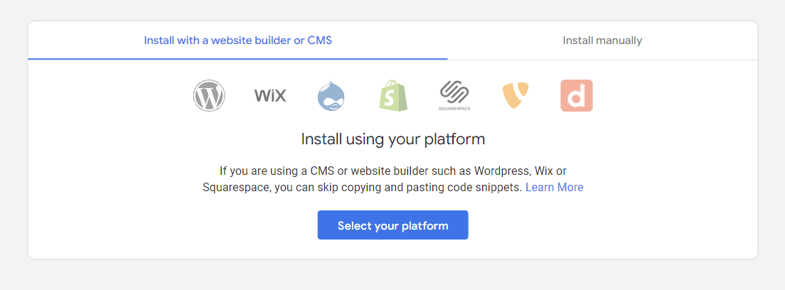 screenshot of Options for installing Google Analytics using different website builders or CMS platforms