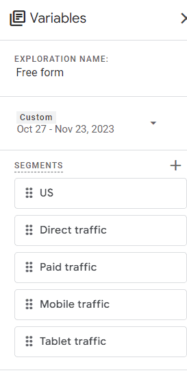 Screenshot of variables sidebar in GA4 segment exploration with custom date range