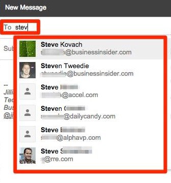 A screenshot of email addresses being autocompleted in Gmail.