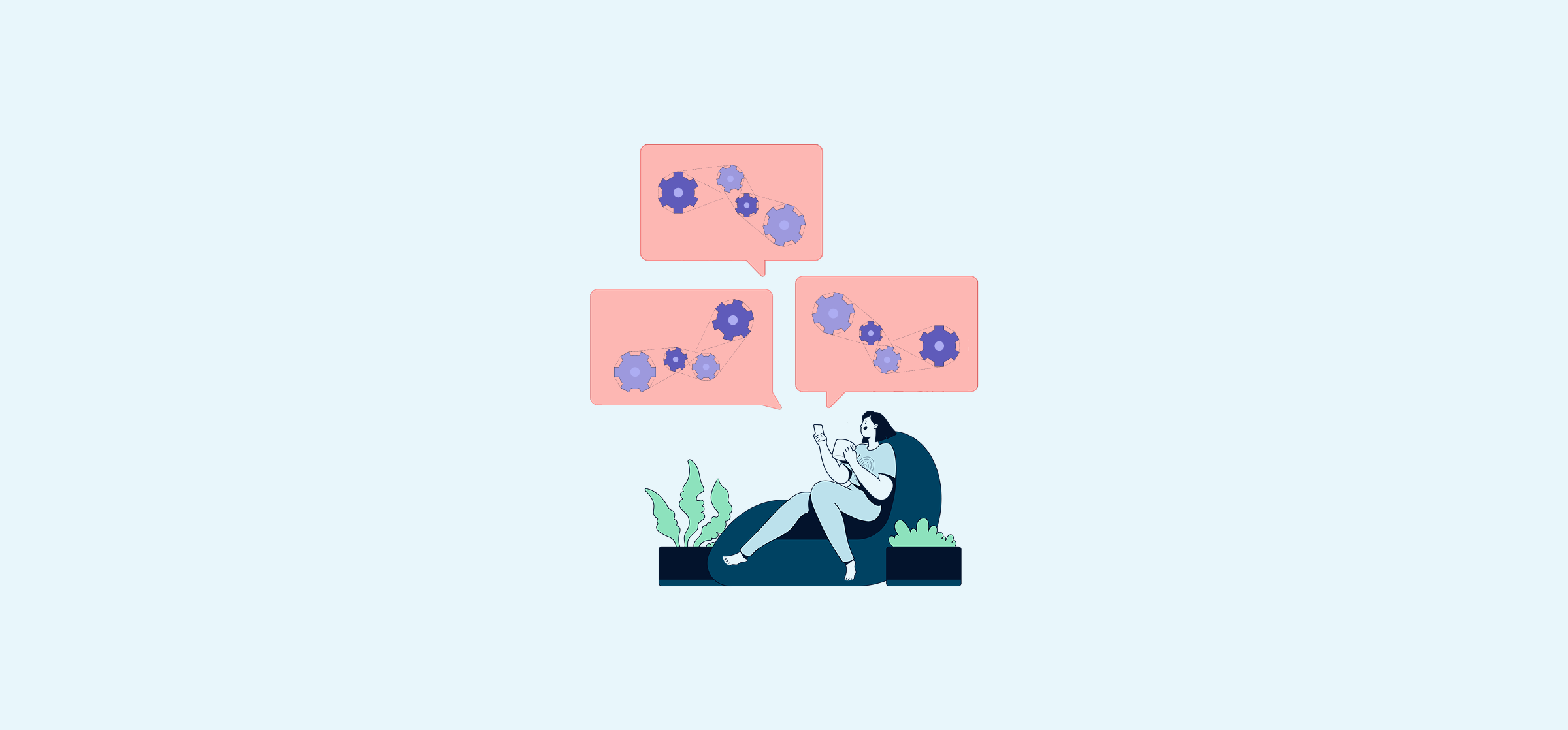 An illustration of a woman reclining below speech bubbles with gears in them, representing native integrations.