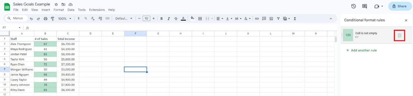 A screenshot of a Google sheet with the Conditional format rules pane open.