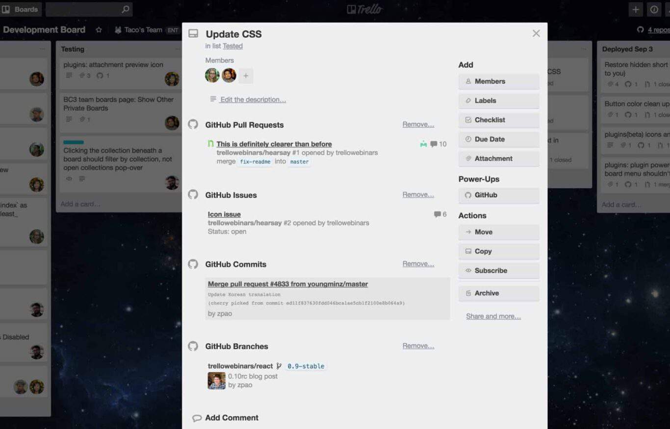 A screenshot of a naitve integration between GitHub and Trello.