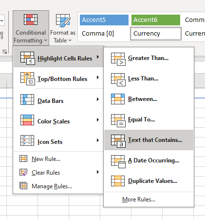 A screenshot of the Highlight Cells Rules menu in Excel.