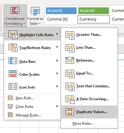 A screenshot of an Excel spreadsheet with the Highlight Cells Rules menu open, with Duplicate Values highlighted.