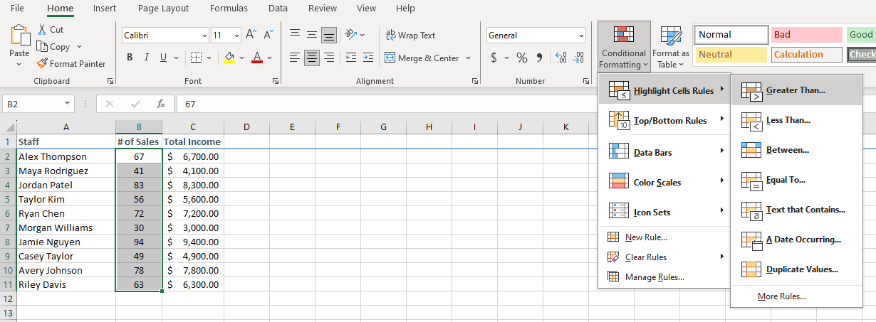 A screenshot of the Highlight Cells Rule menu in Excel.