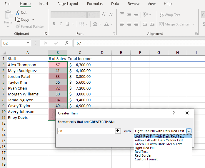 A screenshot of the Greater Than window in Excel.