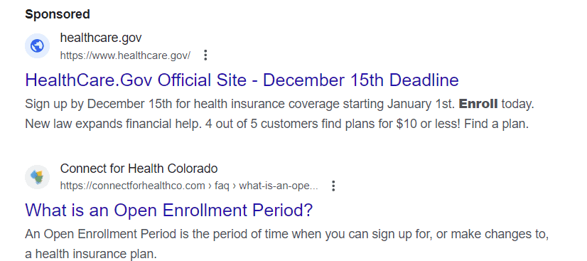 A screenshot showing examples of Google ads in search results.