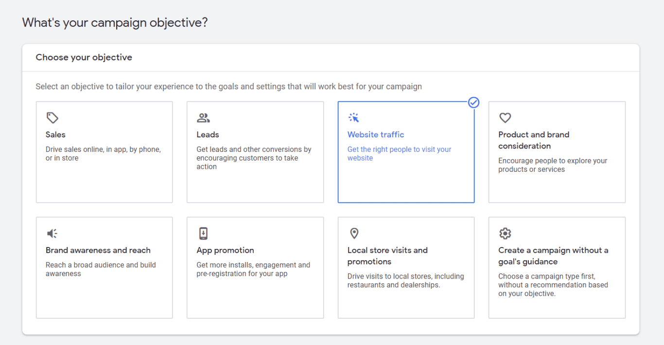 A screenshot of the choose your objective screen in Google Ads.