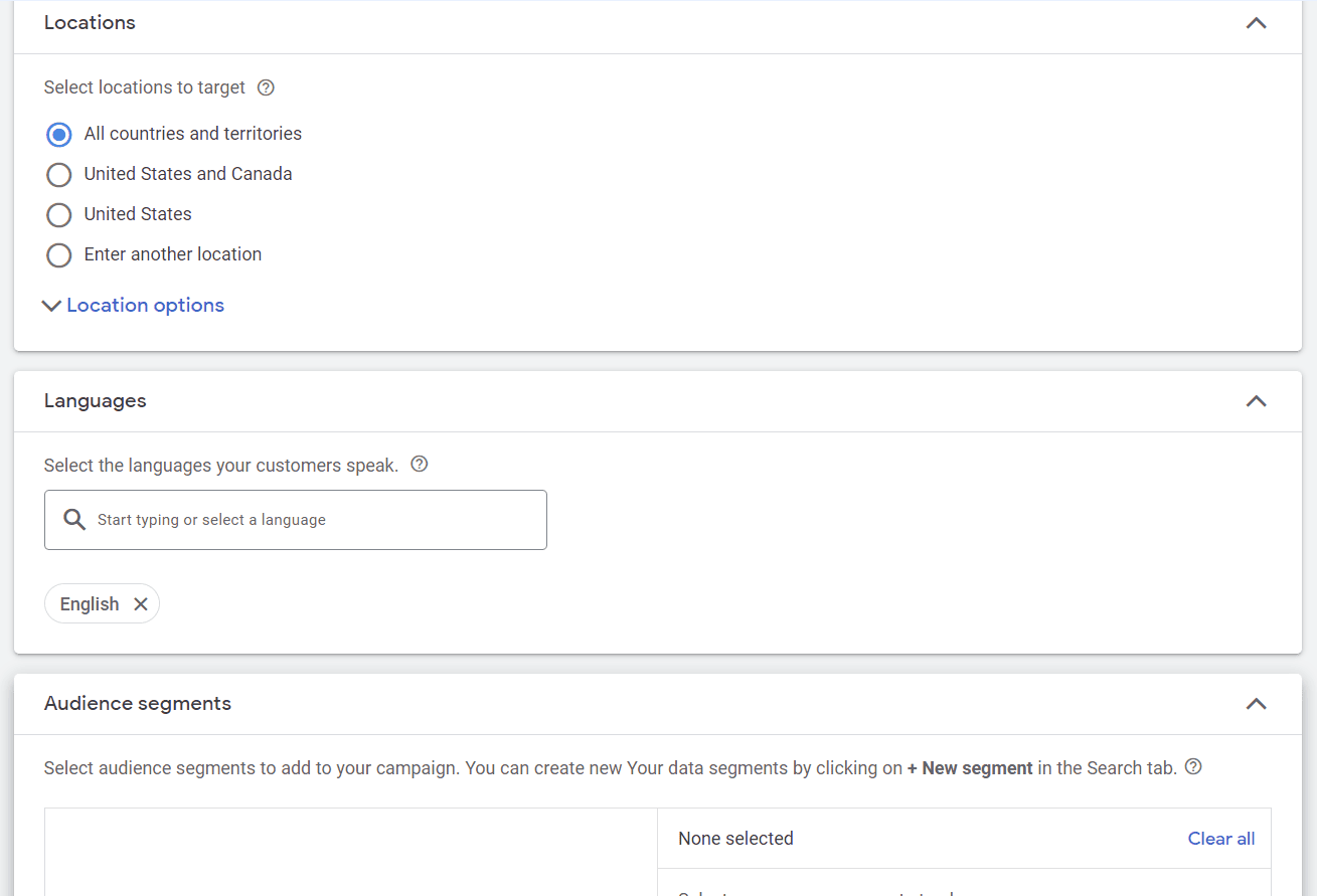 A screenshot of the Locations and Languages screens in Google Ads.