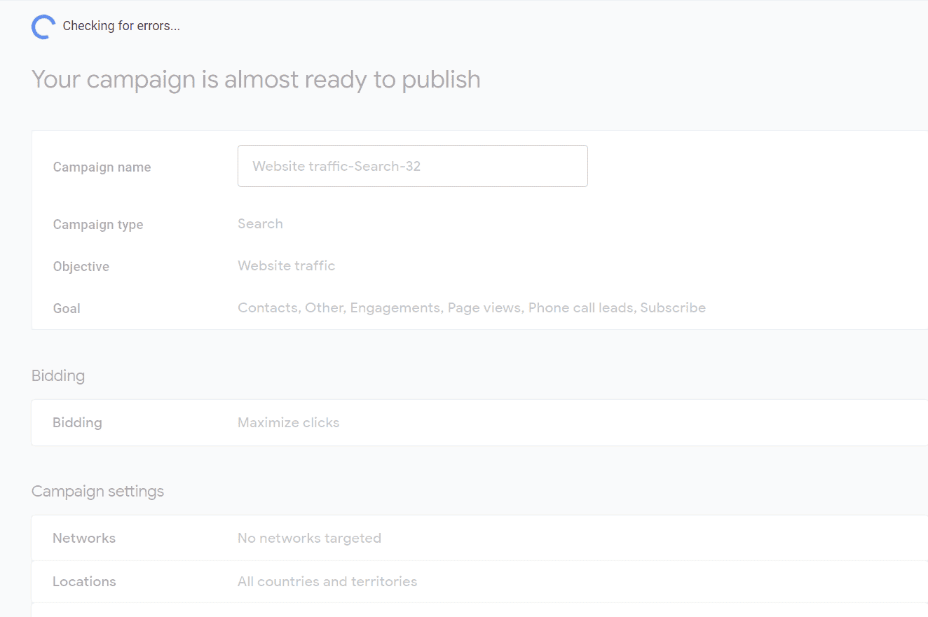 A screenshot of Google Ads checking a campaign for errors.