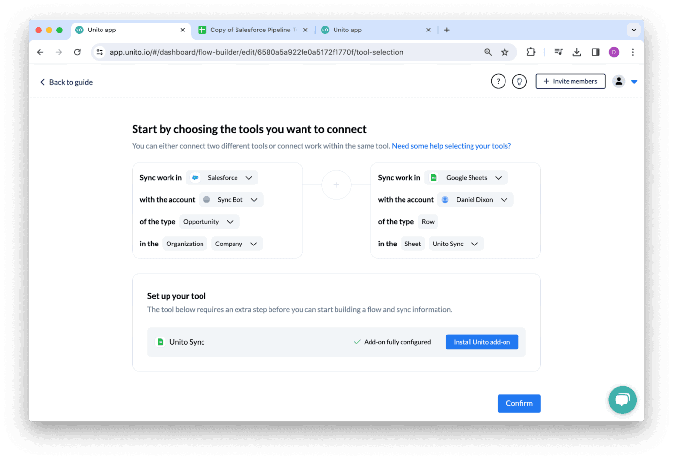 A screenshot of blocks of work from Salesforce and Google Sheets connected in Unito.