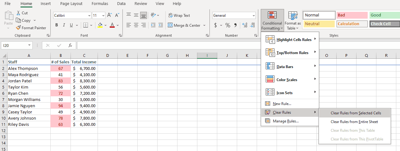 A screenshot of an Excel spreadsheet with the Clear Rules menu open.