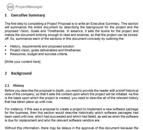 A screenshot of a project proposal template from ProjectManager.