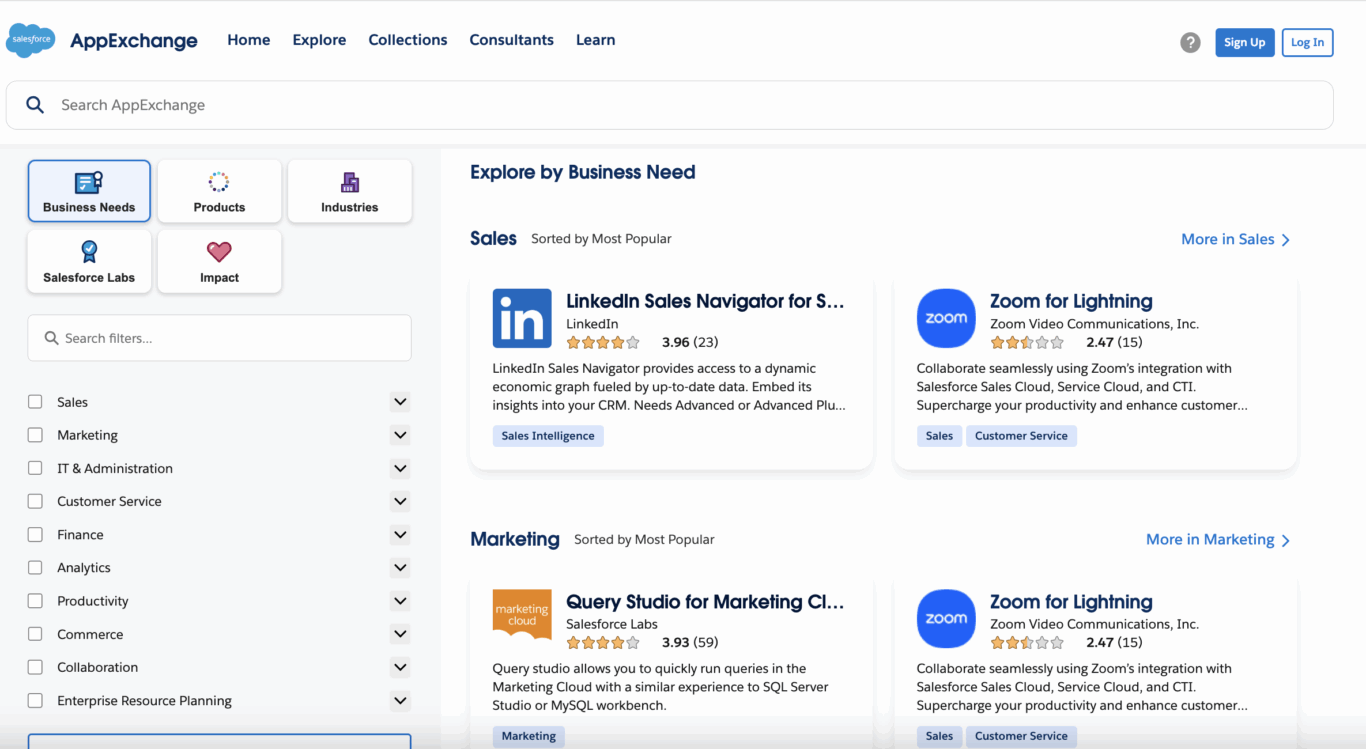 A screenshot of Salesforce's AppExchange, which offers a number of native integrations for third-party tools.