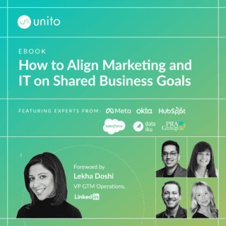 Cover page for a Unito eBook titled: Aligning the CMO and CIO - How to solve competing goals through collaboration.
It includes a title and photo: foreward by Lekha Doshi, VP GTM Operations, LinkedIn
6 additional photos include senior executives from various organizations.
The image also includes logos for LinkedIn, Meta, Okta, HubSpot, Salesforce, Phenom, Dataiku, PRA Group, Knak, and Flinks.