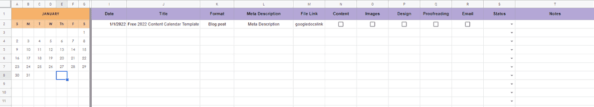 A screenshot of a content calendar template.