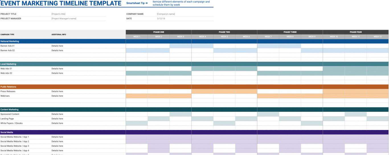 A screenshot of a marketing calendar template for Google Sheets.