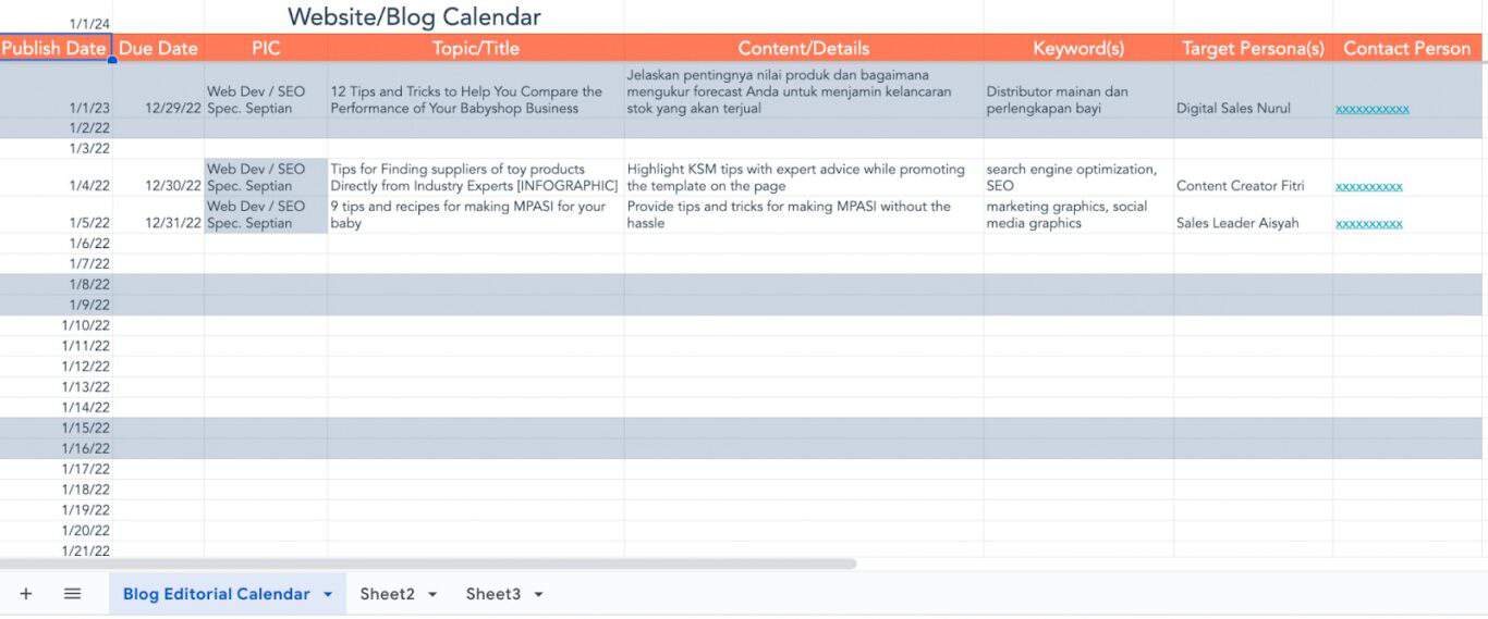 A screenshot of a marketing calendar template from HubSpot.