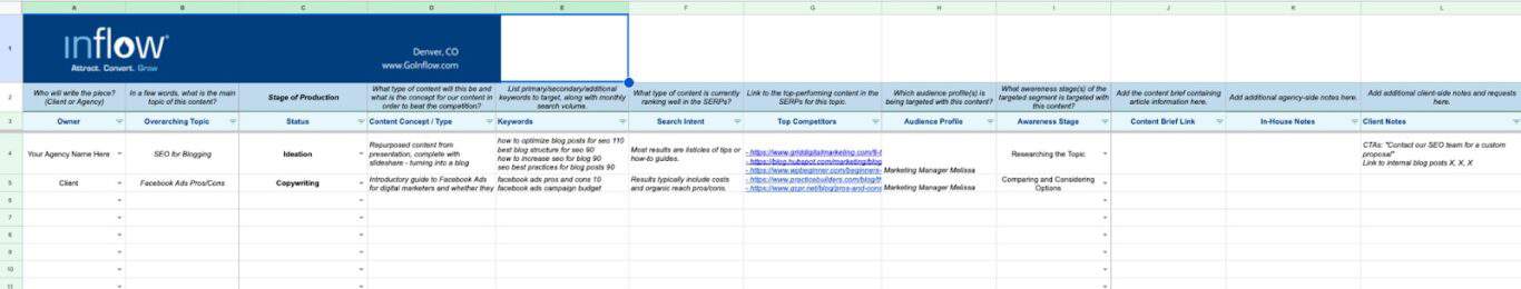 A screenshot of an editorial calendar template from Inflow.