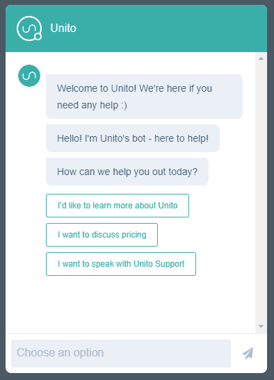 A screenshot of the Unito chat bot, an example of an interaction that a marketing qualified lead may engage in.