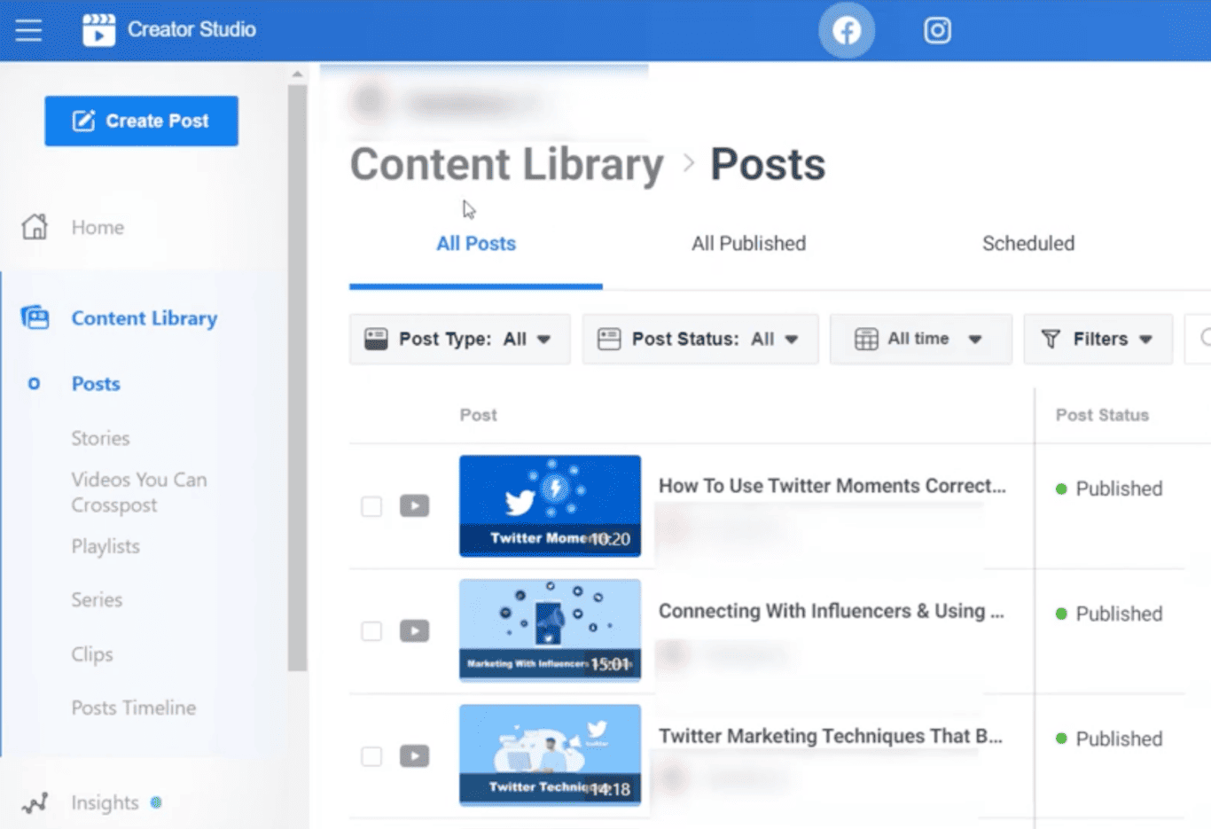 Screenshot of Facebook Creator Studio dashboard highlighting the Content Library and Posts section.