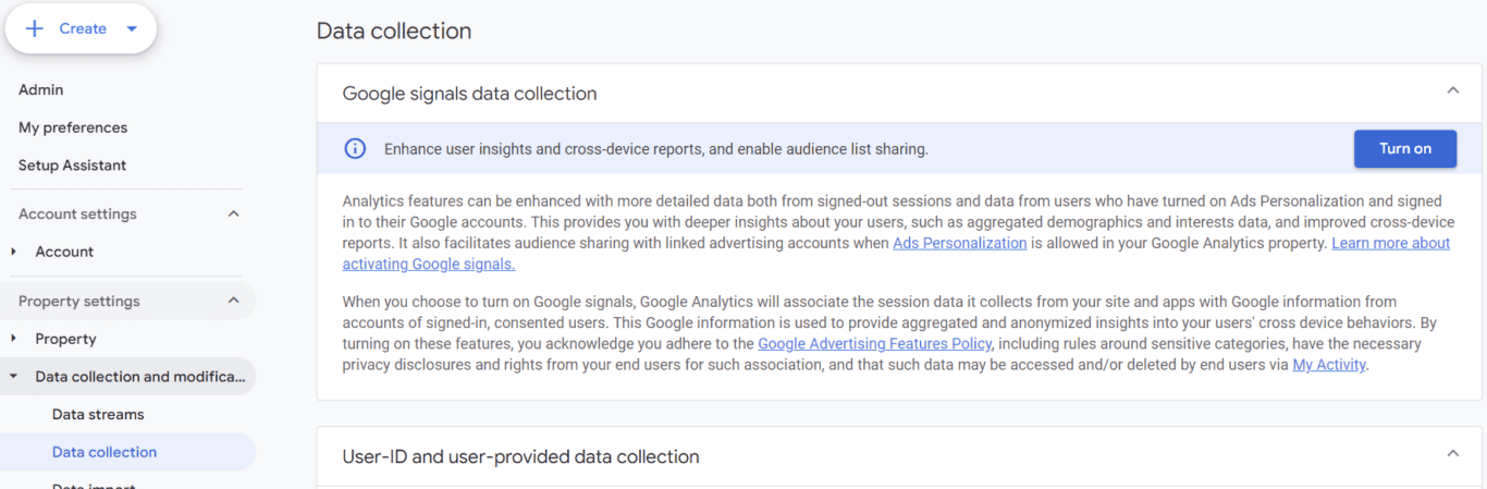Screenshot of Google Analytics 4 interface highlighting the Data Collection section with an option to enable Google signals data collection for enhanced user insights, cross-device reports, and audience list sharing.